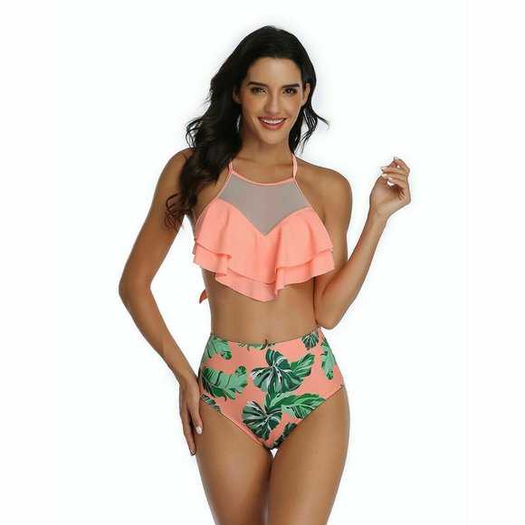 NEW HIGH WAIST PADDED RUFFLE BIKINI MEDIUM - Picture 1 of 9
